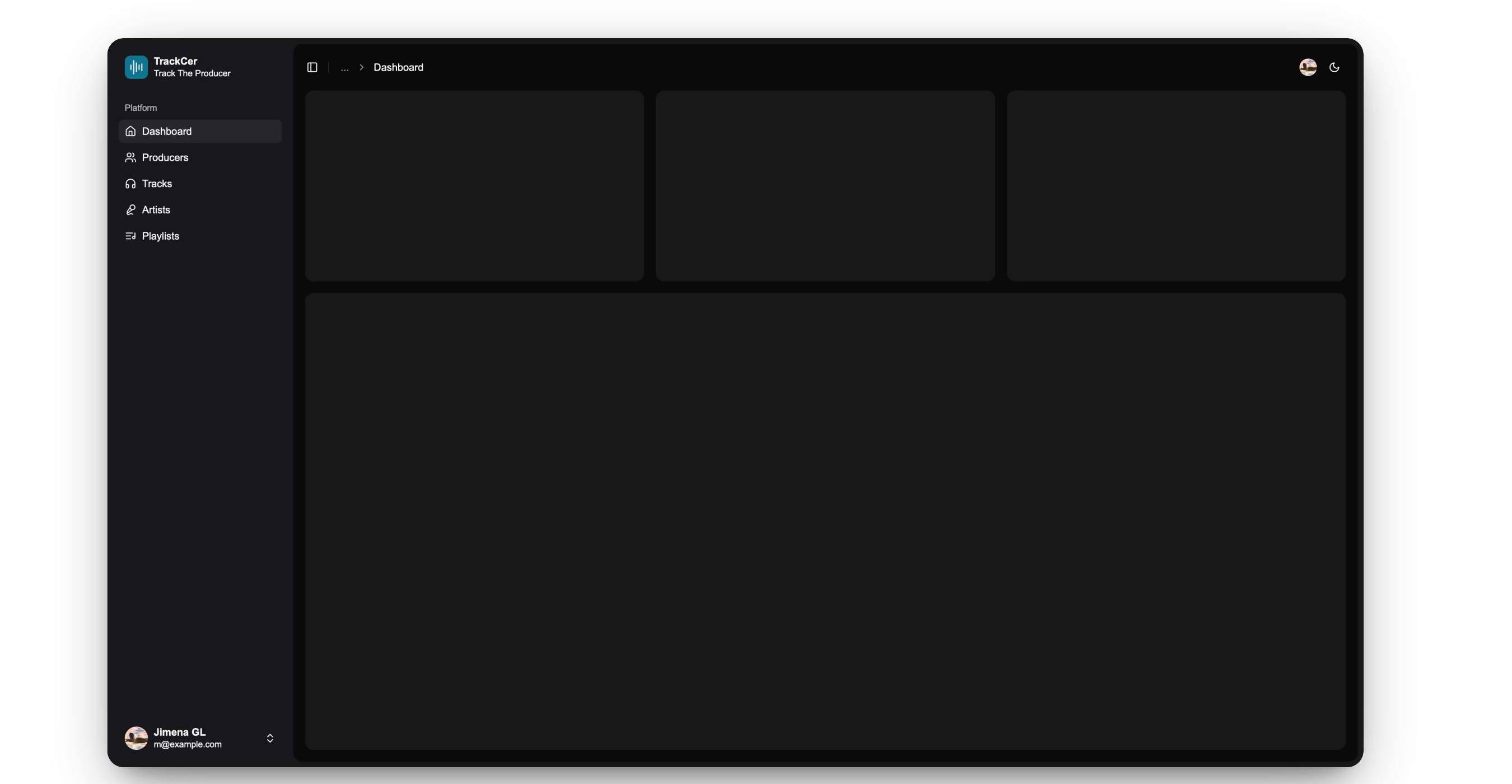 TrackCer dashboard in dark mode